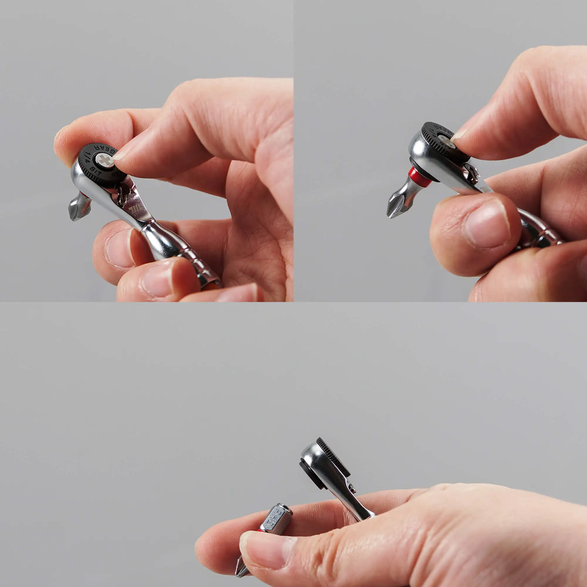 Fingers pushing the extra 1 mm extended base on a 711L bit from the 9pcs color‑coded 1/4” set for quick and easy removal - designed for effortless bit changes