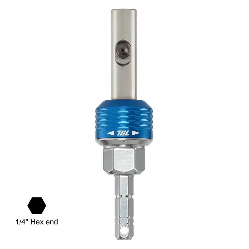 Product shot of the 711L inline ratchet driver HEX in blue and silver on a white background, showing the 1/4" hex end